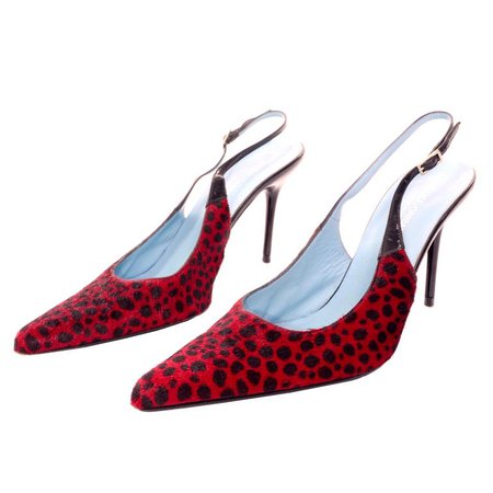 Dolce and Gabbana Animal Print Shoes in Red and Black Fur Slingback Heels For Sale at 1stdibs