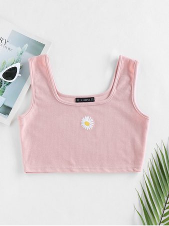 [41% OFF] 2020 ZAFUL Ribbed Daisy Graphic Crop Tank Top In LIGHT PINK | ZAFUL