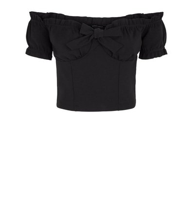 Black Tie Front Bardot Crop Top | New Look