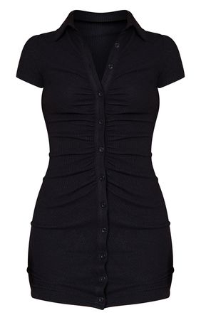 Black Short Sleeve Ruched Brushed Rib Shirt Dress | PrettyLittleThing USA