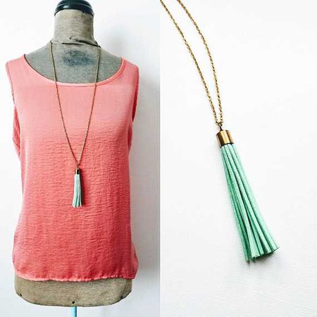 Tassel necklace. Long necklace. Gold. Mint green. Turquoise.