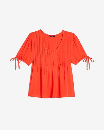 Pleated Tie Sleeve V-neck Top | Express