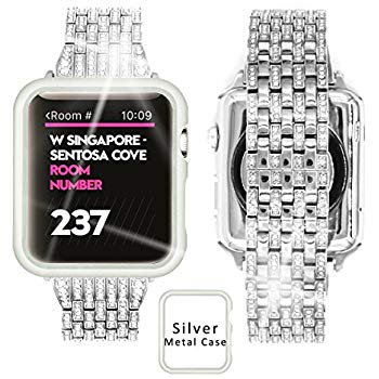 Amazon.com: Ezzdo Diamond Bands For Apple Watch, Rhinestone Luxury Diamond Silver Stainless Steel Replacement Bracelet For Women With Case For Iwatch 38mm 42mm series 1/2/3 (Silver, 38mm): Cell Phones & Accessories
