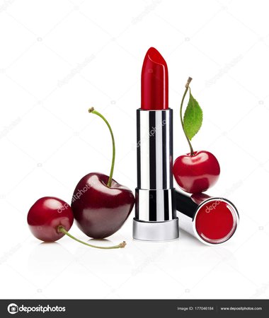 Red Lipstick Cherry White Background Beauty Concept — Stock Photo © RomarioIen #177046184