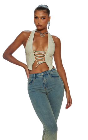 Cream Washed Faux Leather Lace Up Plunge Halterneck Top