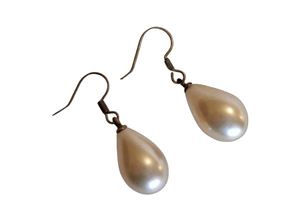 Vintage 50's, 60's Pearlescent Faux Teardrop Glass Pearls & Brass Dangle Earrings.