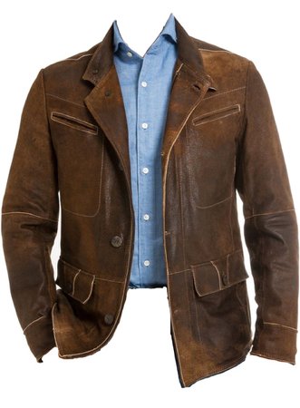 leather jacket w blue shirt