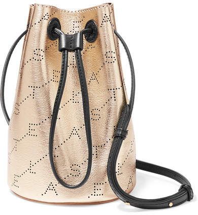 Net Sustain Mini Perforated Metallic Faux Leather Bucket Bag - Gold