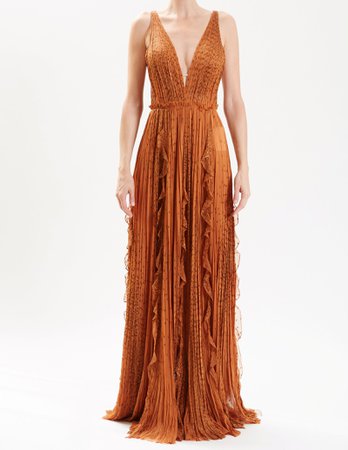 Terracotta Lurex Chiffon Hand-Pleated Gown With Ruffle Detail – J. Mendel