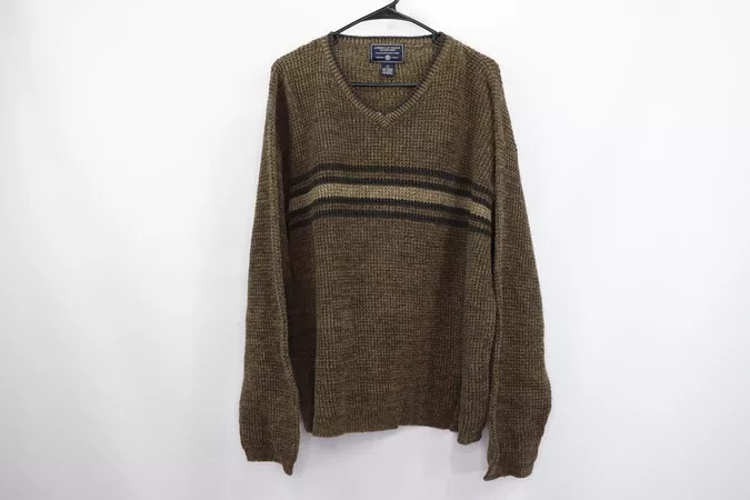 American Eagle Outfitters Vintage 90s Ae American Eagle Mens Large Heavy Knit Olive Striped V Neck Sweater | Grailed