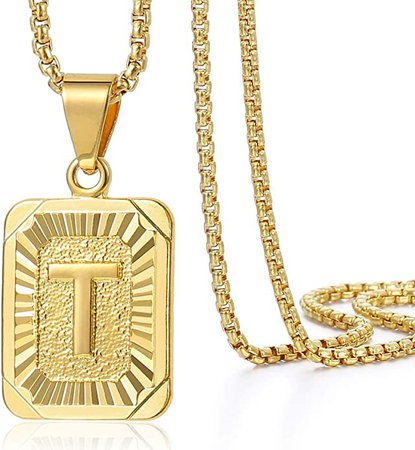 Trendsmax Initial Letter Pendant Necklace for Mens Womens Gold Plated Letter T Pendant Necklace Stainless Steel Box Link Chain 22inch | Amazon.com