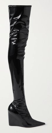AMINA’ Patent Jet Black Feature Wedged Thigh High Boot’
