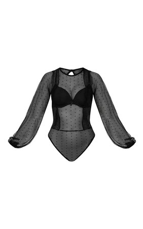 Black Dobby Mesh Long Sleeve Bodysuit | Tops | PrettyLittleThing USA