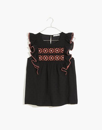 Embroidered Ruffle-Shoulder Tank Top black