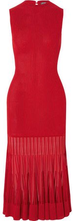 Mesh-paneled Ribbed Stretch-knit Dress - Red