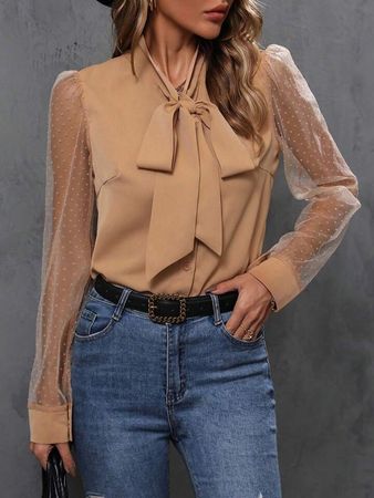 Women's Bow Tie Belted Long Sleeve Shirt | SHEIN