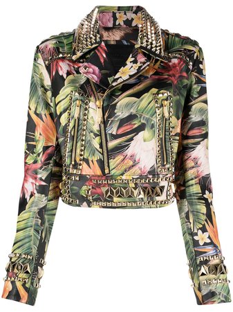 Philipp Plein floral-print Studded Biker Jacket