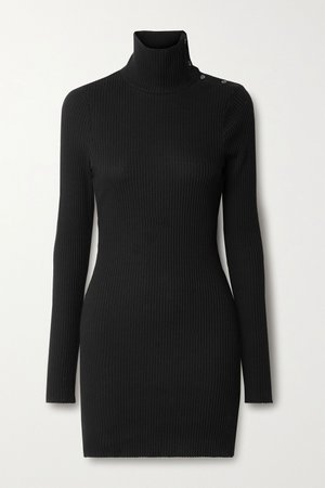 Black Stark button-detailed waffle-knit cotton-blend turtleneck mini dress | The Range | NET-A-PORTER