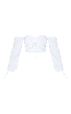 White Ruched Detail Bardot Long Sleeve Crop Top