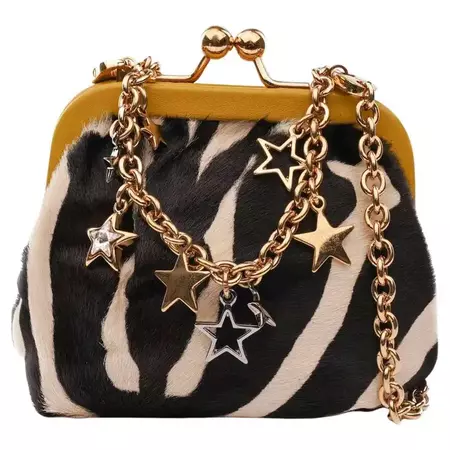 Dolce and Gabbana Star Metal Chain Zebra Fur Clutch Purse Bag Gold Black White For Sale at 1stDibs