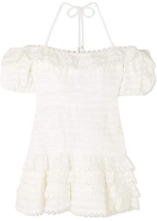Allia Cold-shoulder Ruffled Linen Mini Dress - Ivory