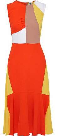 Fluted Color-block Crepe Midi Dress