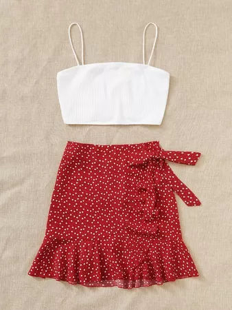 Crop Cami Top & Heart Print Ruffle Trim Wrap Tie Side Skirt Set | SHEIN USA