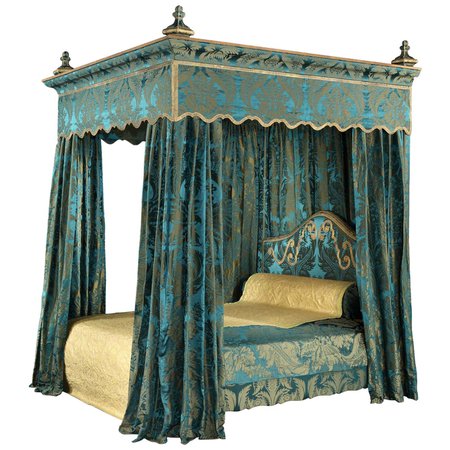 Bed State, 19th Century, English Charles II-Style, Upholstered in Blue For Sale at 1stDibs