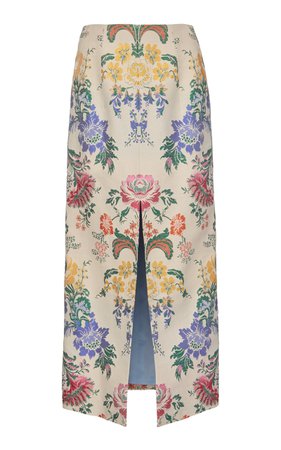 Front Slit Floral Cotton And Silk-Blend Midi Skirt by Carolina Herrera | Moda Operandi