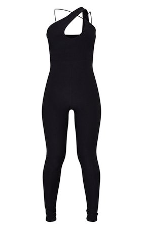 Black Slinky Asymmetric Strap Jumpsuit | PrettyLittleThing USA