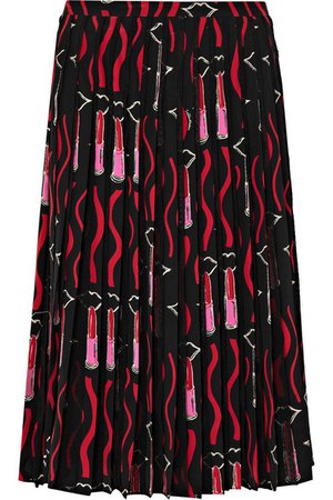VALENTINO Lace-trimmed pleated printed silk crepe de chine skirt
