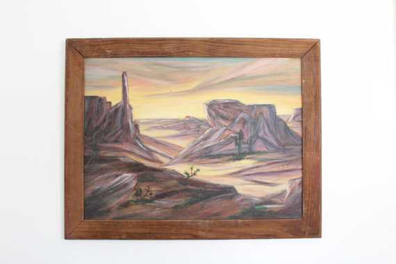 Rustic Moody Desert Canyon Painting // Framed Dark Neutral