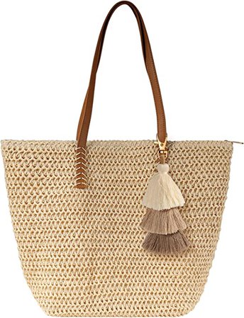 Amazon.com: Magibag Women Straw Beach Bag with Tassel Keychain Zipper Leather Handle, Handwoven Summer Tote Bag for Beach, Travel, Picnic (Beige) : Clothing, Shoes & Jewelry