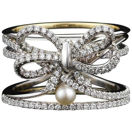 Alexandra Mor Contemporary Pearl Diamond Platinum Bow Ring For Sale at 1stdibs