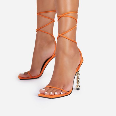 Malibu Lace Up Square Toe Sculptured Heel In Orange Faux Suede | EGO