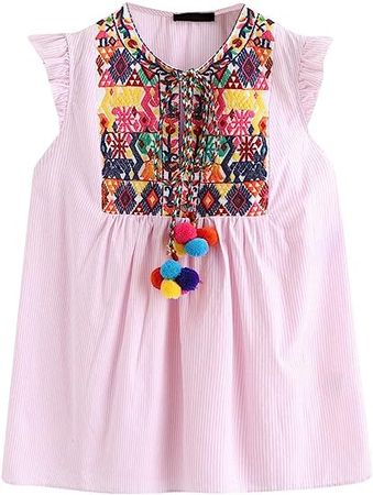Floerns Women's Ruffle Striped Mexican Embroidered Babydoll Blouse Top at Amazon Women’s Clothing store