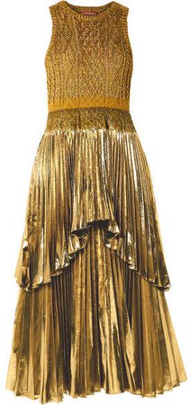 Mishka Metallic Cable-knit And Pleated Lurex Midi Dress - Gold