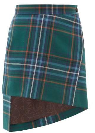 Asymmetric Tartan Wool Twill Skirt - Womens - Green Multi