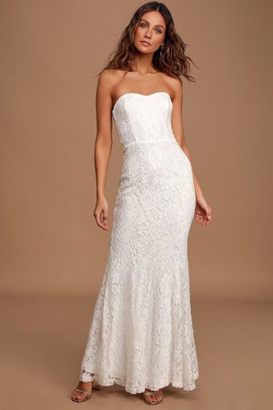 Always Be There White Lace Strapless Mermaid Maxi Dress Lulus