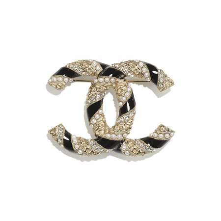 Chanel, brooch Metal, Glass Pearls & Strass Gold, Pearly White, Black & Crystal