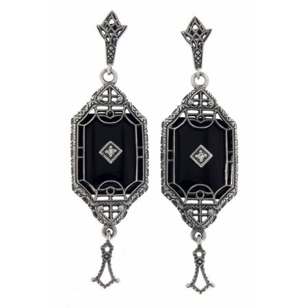 Art Deco Style Black Onyx Dangle Filigree Earrings with Diamond Sterling Silver