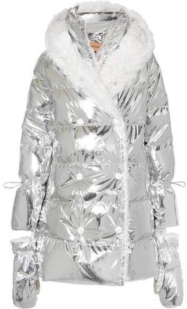 Hooded Shearling-trimmed Quilted Metallic Shell Down Coat - Silver