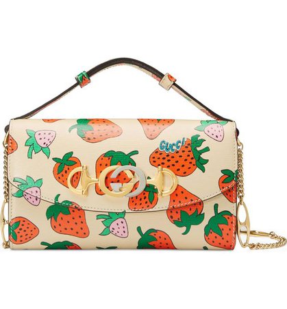 Gucci Mini Zumi Strawberry Print Leather Shoulder Bag