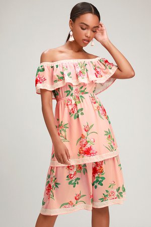 Lovely Blush Floral Print Dress - Off-the-Shoulder Dress - Midi