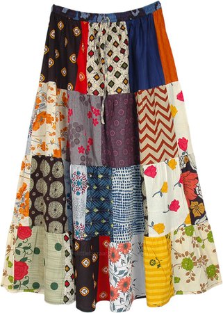 Summer Shine Multi Print Patchwork Bohemian Maxi Skirt | Multicoloured | Patchwork, Maxi-Skirt, Vacation, Floral, Bohemian