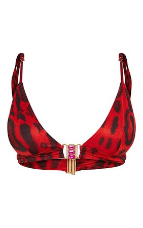 Premium Red Leopard Jewel Trim Bikini Top | PrettyLittleThing