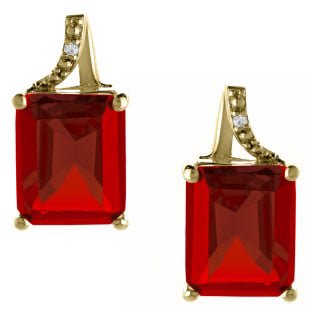 Emerald-Cut Ruby Birthstone Diamond Yellow Gold Stud Earrings - Gemologica, A Fine Online Jewelry Store
