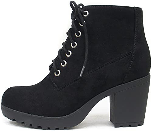 Amazon.com | Soda Second Lug Sole Chunky Heel Combat Ankle Boot Lace up w/Side Zipper (9, Tobacco Imitation Suede) | Ankle & Bootie