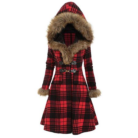 Amazon.com: Highpot Women's Fashion Plaid Faux Fur Hooded Coat Winter Trench Jacket Slim Parka Outwear (L, Red): Clothing