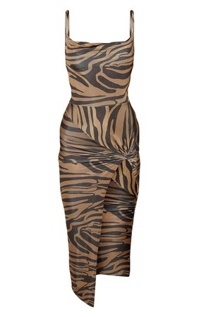 Tan Zebra Print Slinky Knotted Skirt Midaxi Dress | PrettyLittleThing USA